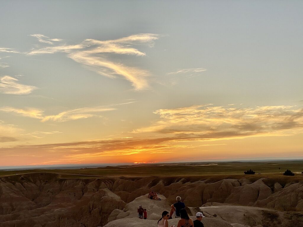 Sunset over the formations at Pinnacles Overlook in Badlands National Park