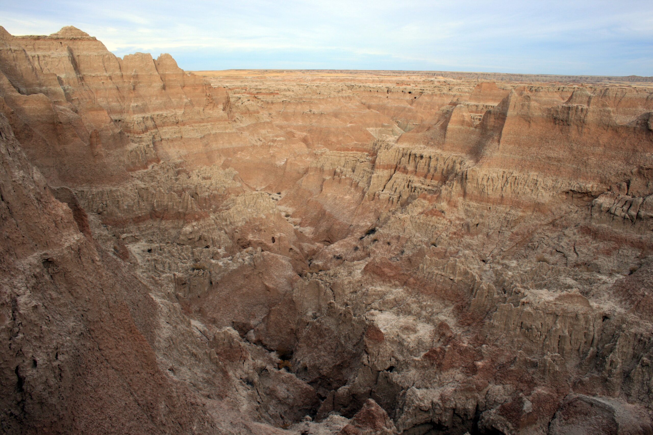Rugged eroded badlands peaks and ridges in Badlands National Park, South Dakota