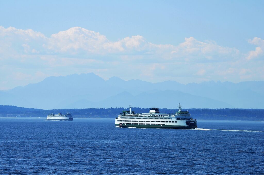 Washington State Ferries on Puget Sound with the Olympic Mountains behind