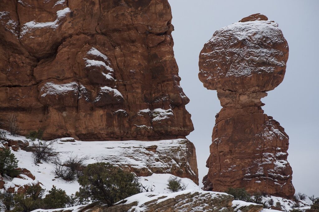 Balanced Rock dusted with snow in Arches National Park near Moab, Utah