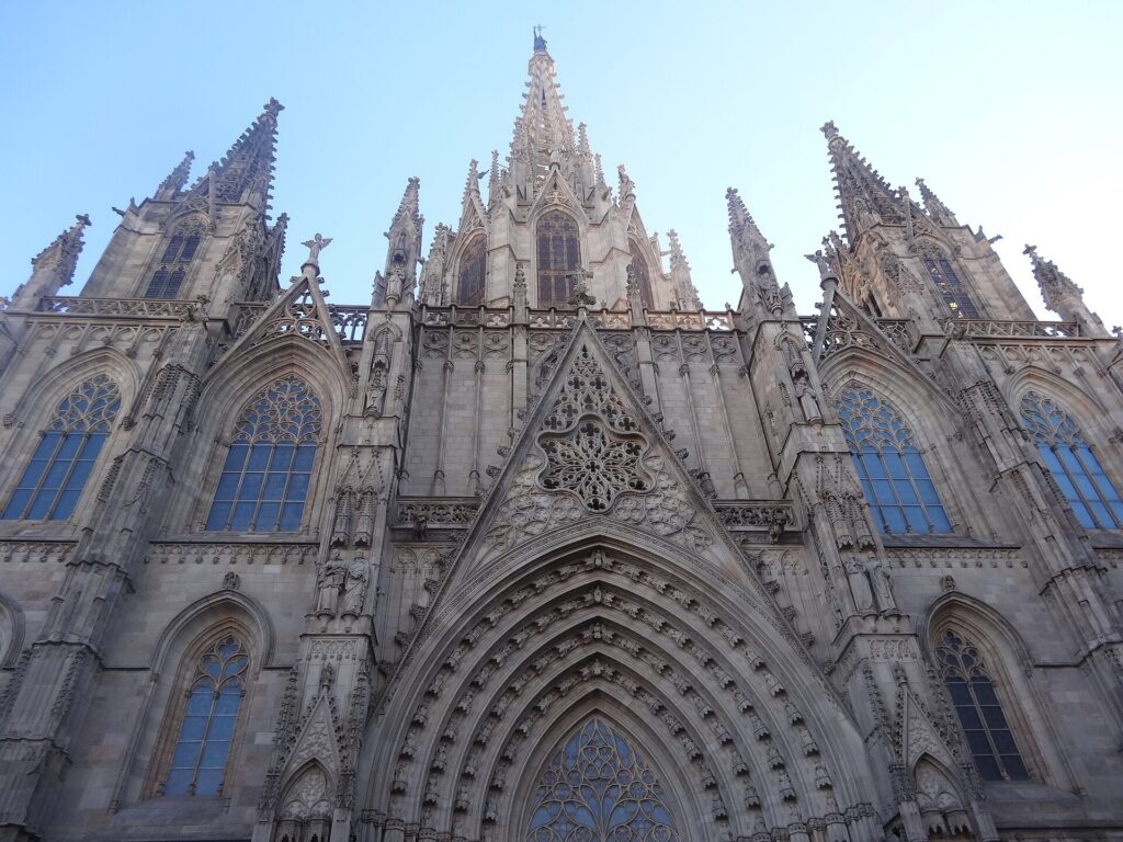 Gothic main facade of Barcelona Cathedral in the Gothic Quarter