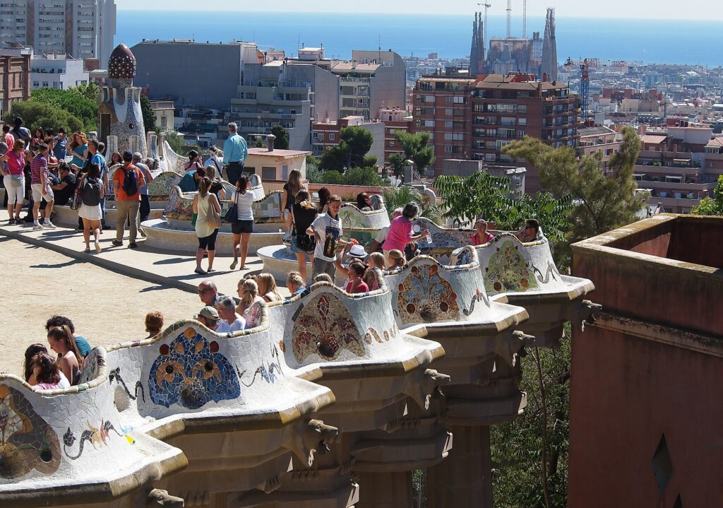 View from the terrace of Park Güell across Barcelona toward the Sagrada Família