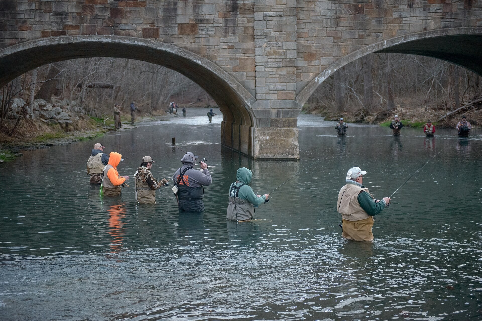 Anglers fishing the spring branch at Bennett Spring State Park, Missouri, on trout opening day