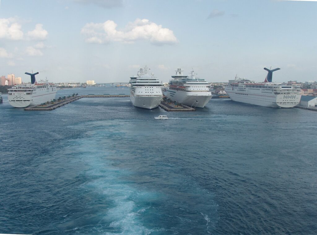 Four cruise ships docked in Nassau, Bahamas