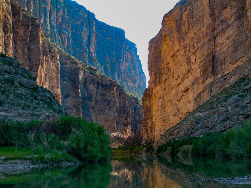 Santa Elena Canyon cliffs rising above the Rio Grande in Big Bend National Park, Texas