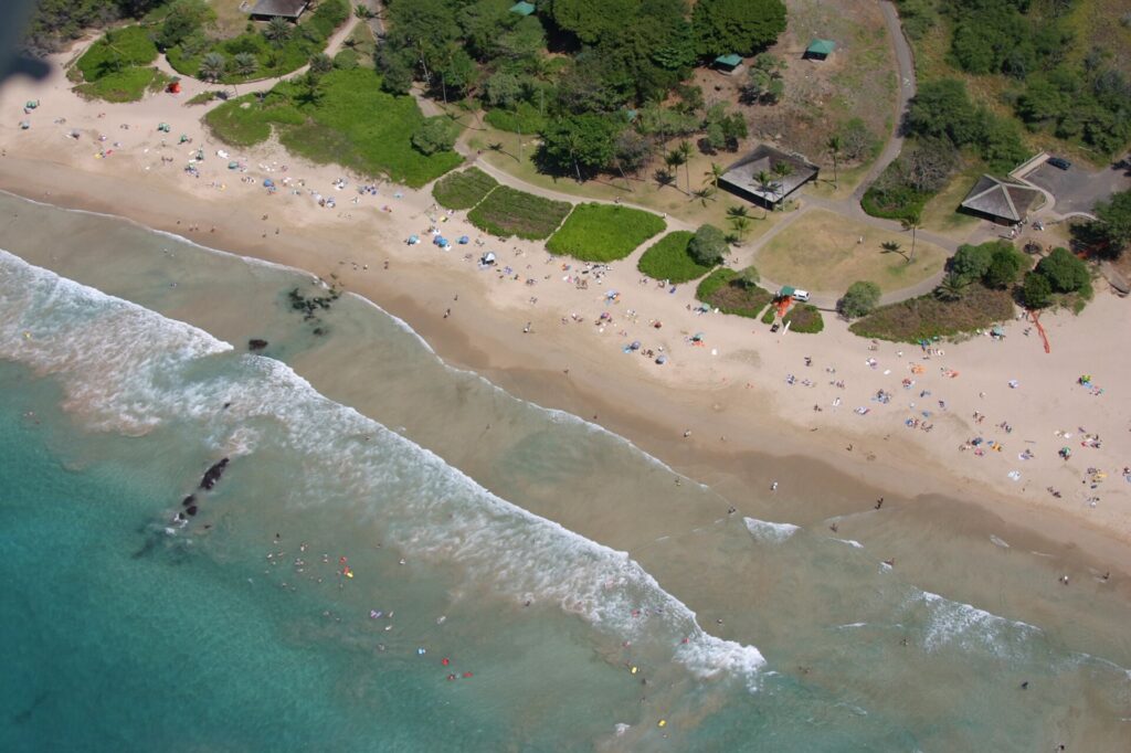 Aerial view of Hapuna Beach, a wide white-sand beach on the Kohala coast of Hawaii Island