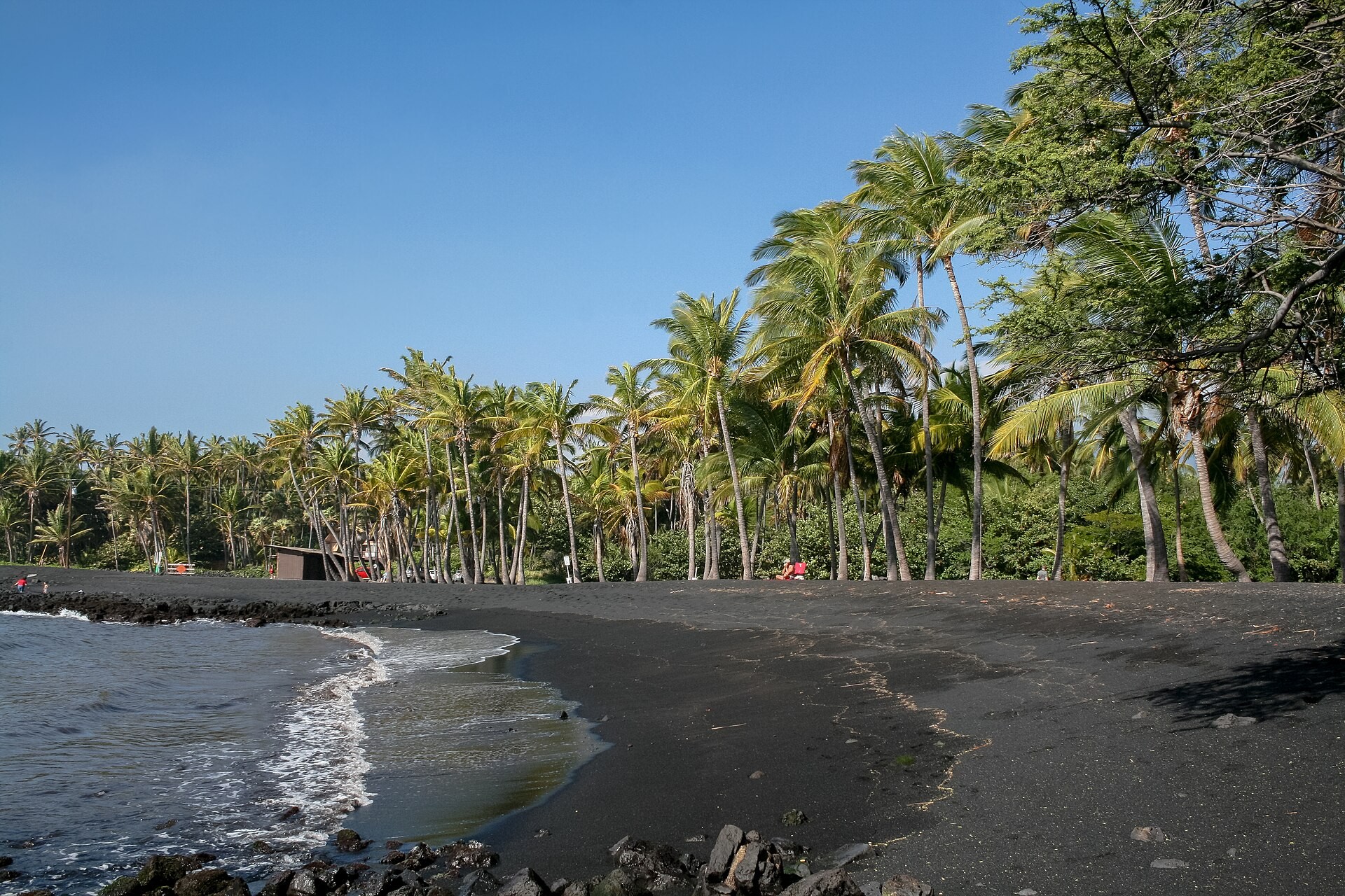Black sand shoreline and surf at Punalu'u Black Sand Beach on Hawaii Island