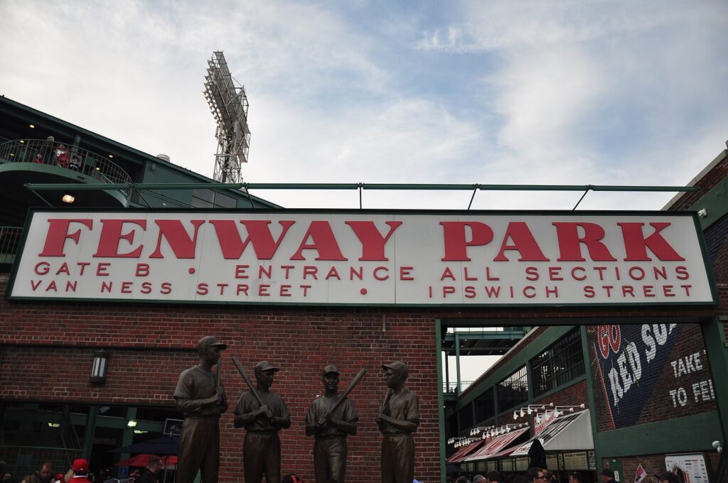 Gate B entrance and bronze statues at Fenway Park in Boston