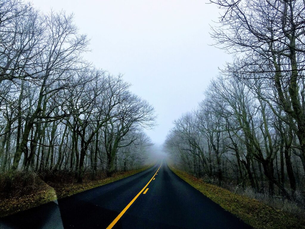 Blue Ridge Parkway roadway in winter between Bedford County and Lynchburg, Virginia