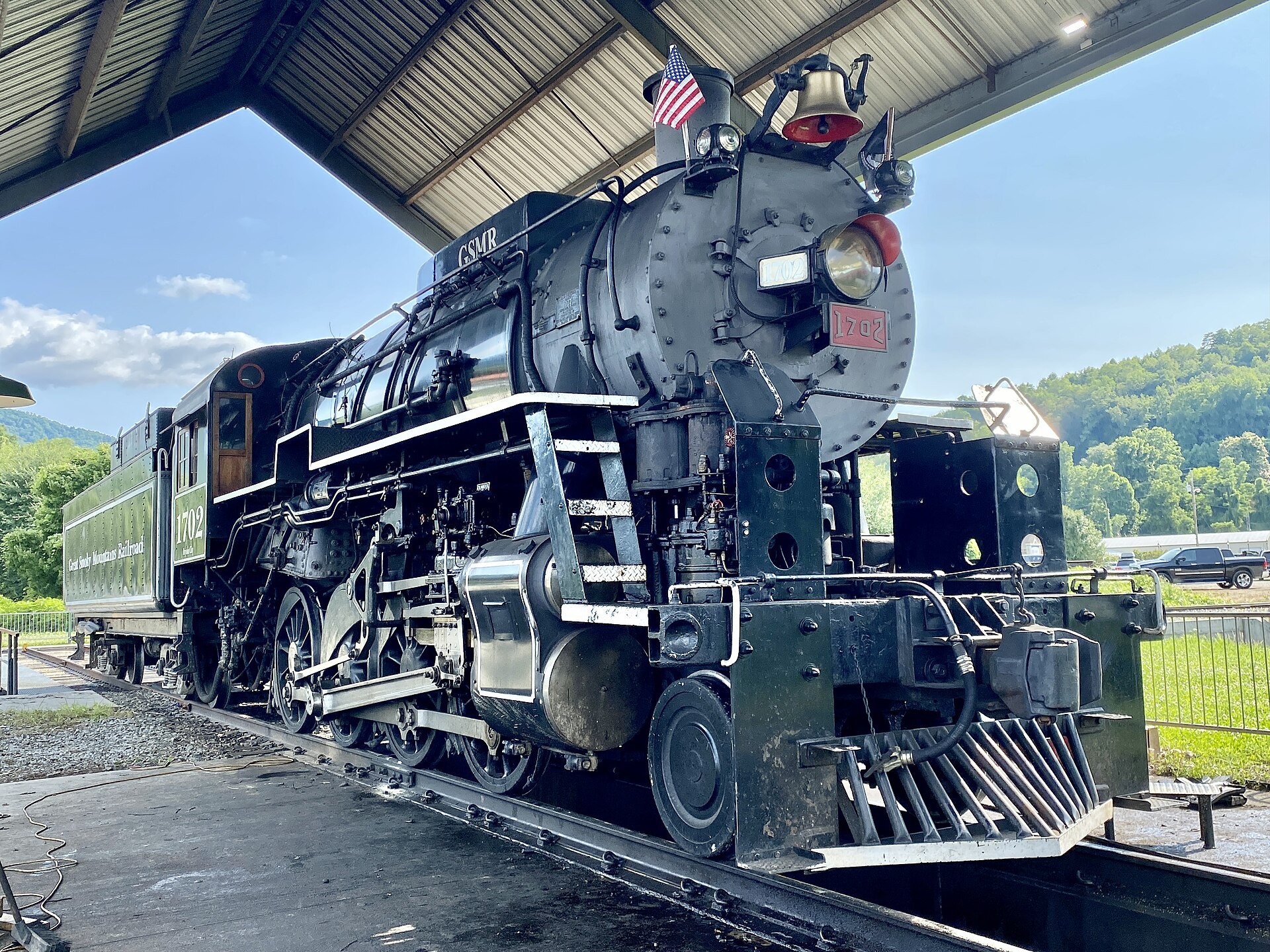 Great Smoky Mountains Railroad steam engine 1702 at the Bryson City depot in North Carolina