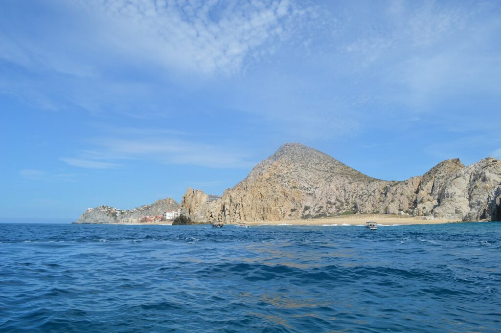 The rocky Land's End headland seen from the water off Cabo San Lucas