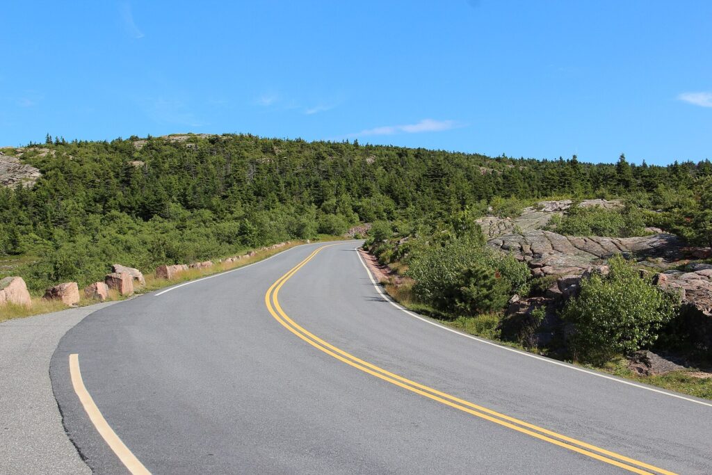 Cadillac Summit Road winding across the summit of Cadillac Mountain in Acadia National Park