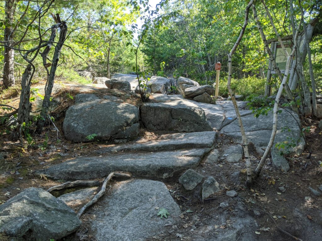 Granite steps and boulders on the Cadillac North Ridge Trail in Acadia National Park