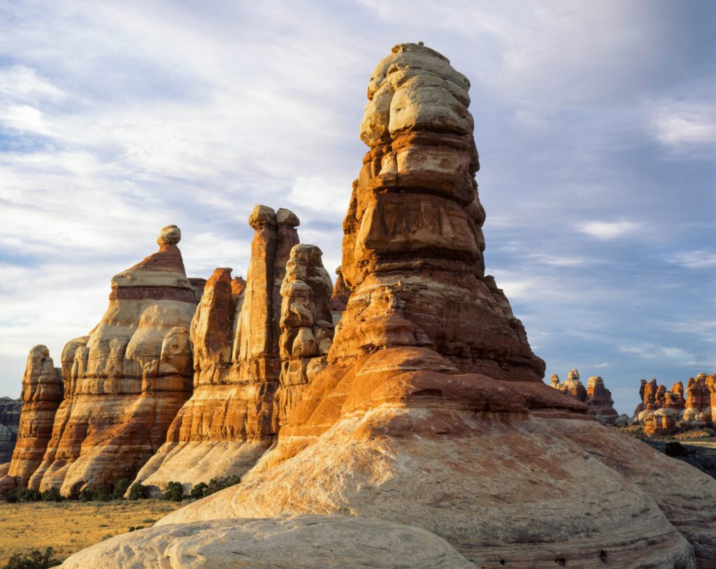 Sandstone spires of The Needles rising above grassland in Chesler Park, Canyonlands National Park