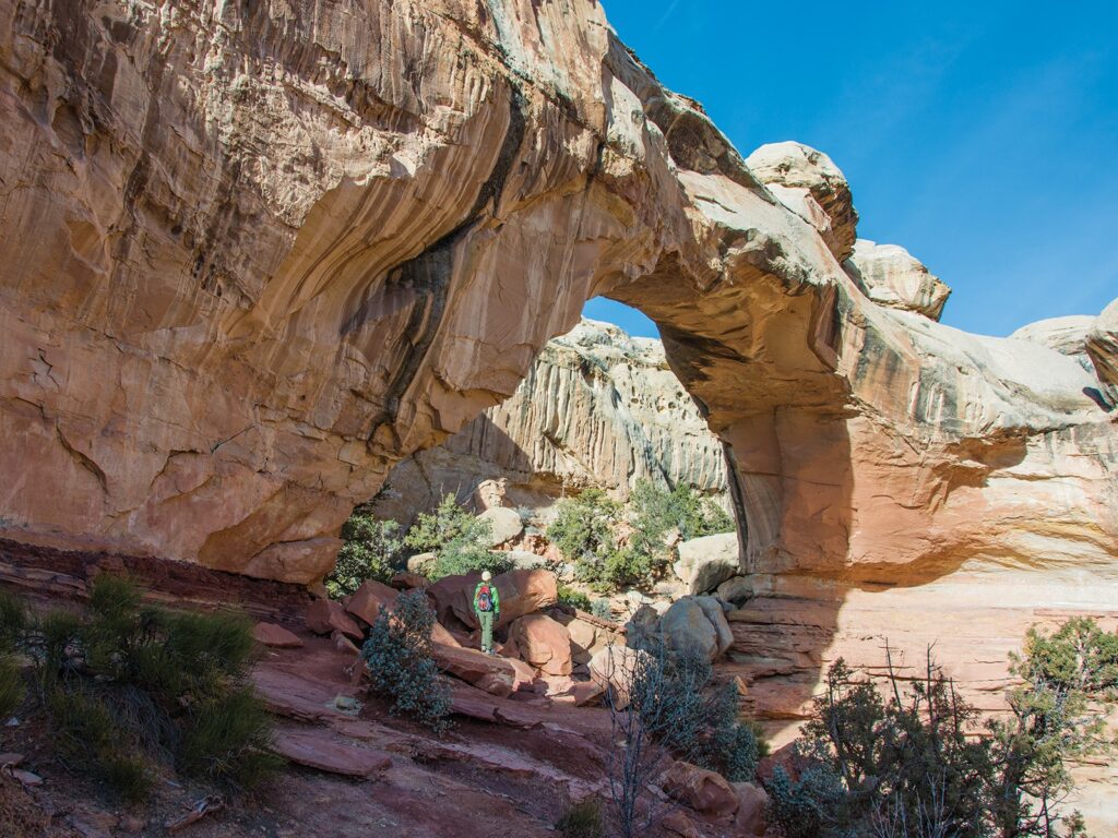 Hickman Bridge, a natural sandstone bridge spanning a canyon in Capitol Reef National Park, Utah
