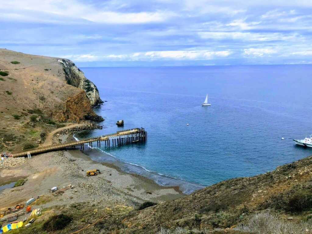 Scorpion Anchorage and its pier seen from a hilltop on Santa Cruz Island