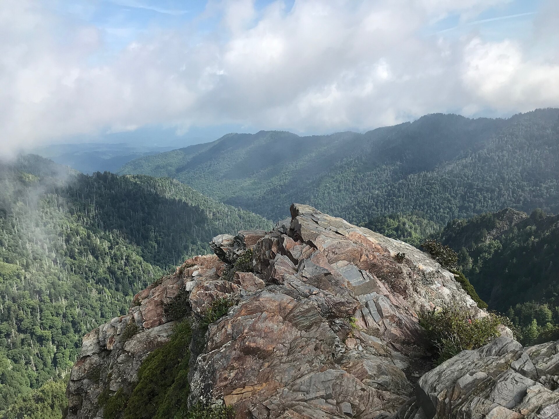 Rocky ledge of Charlies Bunion with ridges beyond in Great Smoky Mountains National Park