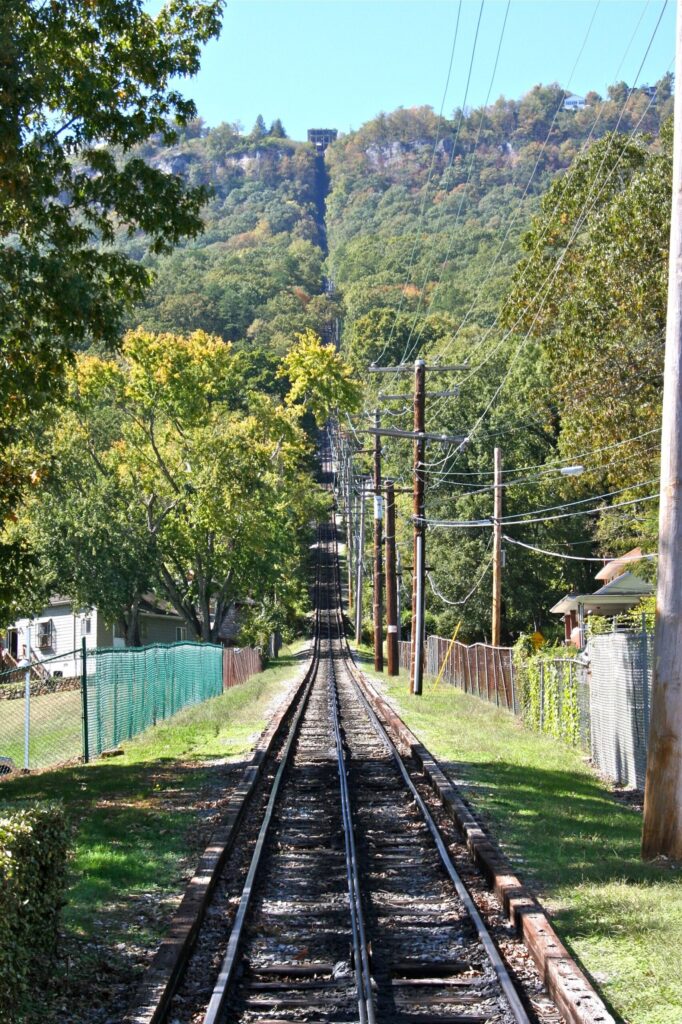 Incline Railway tracks climbing steeply through trees on Lookout Mountain
