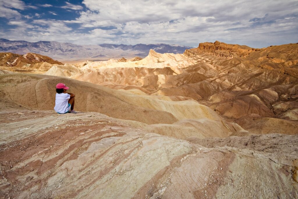 Manly Beacon and the eroded badlands seen from Zabriskie Point in Death Valley National Park
