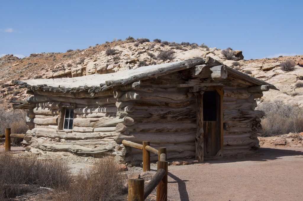 Historic log cabin at Wolfe Ranch near the Delicate Arch trailhead in Arches National Park