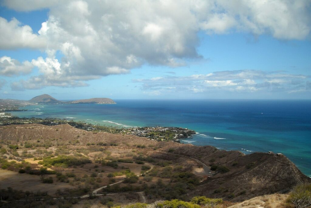 Coastline and crater rim seen from the summit of Diamond Head on Oahu