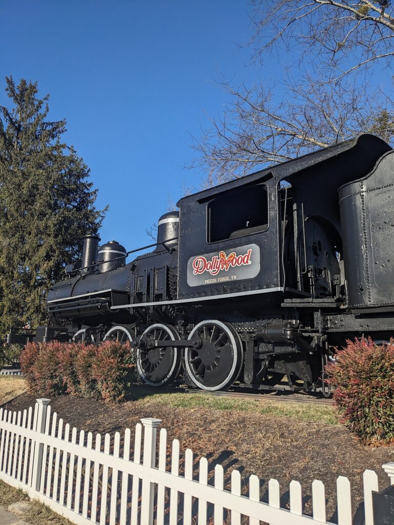 Railroad engine at the ticketing entrance to Dollywood in Pigeon Forge, Tennessee, in December