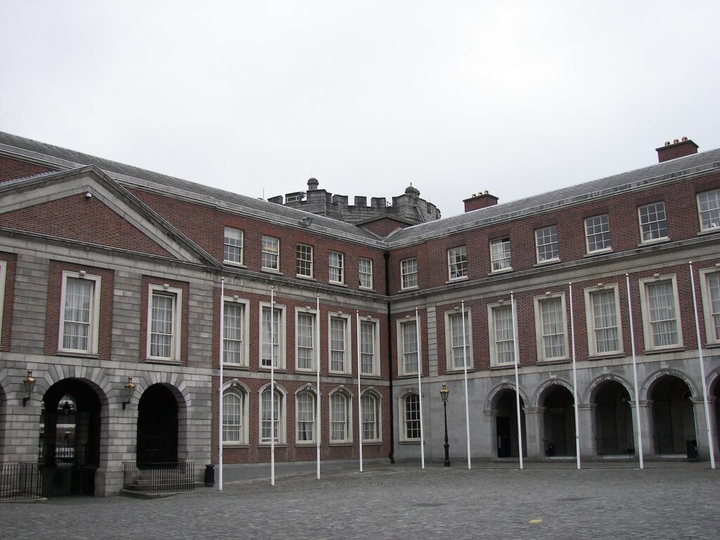 Brick and stone buildings around a courtyard at Dublin Castle in Dublin