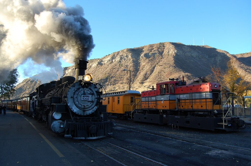 Steam locomotive 486 getting ready to depart the Durango depot in Colorado
