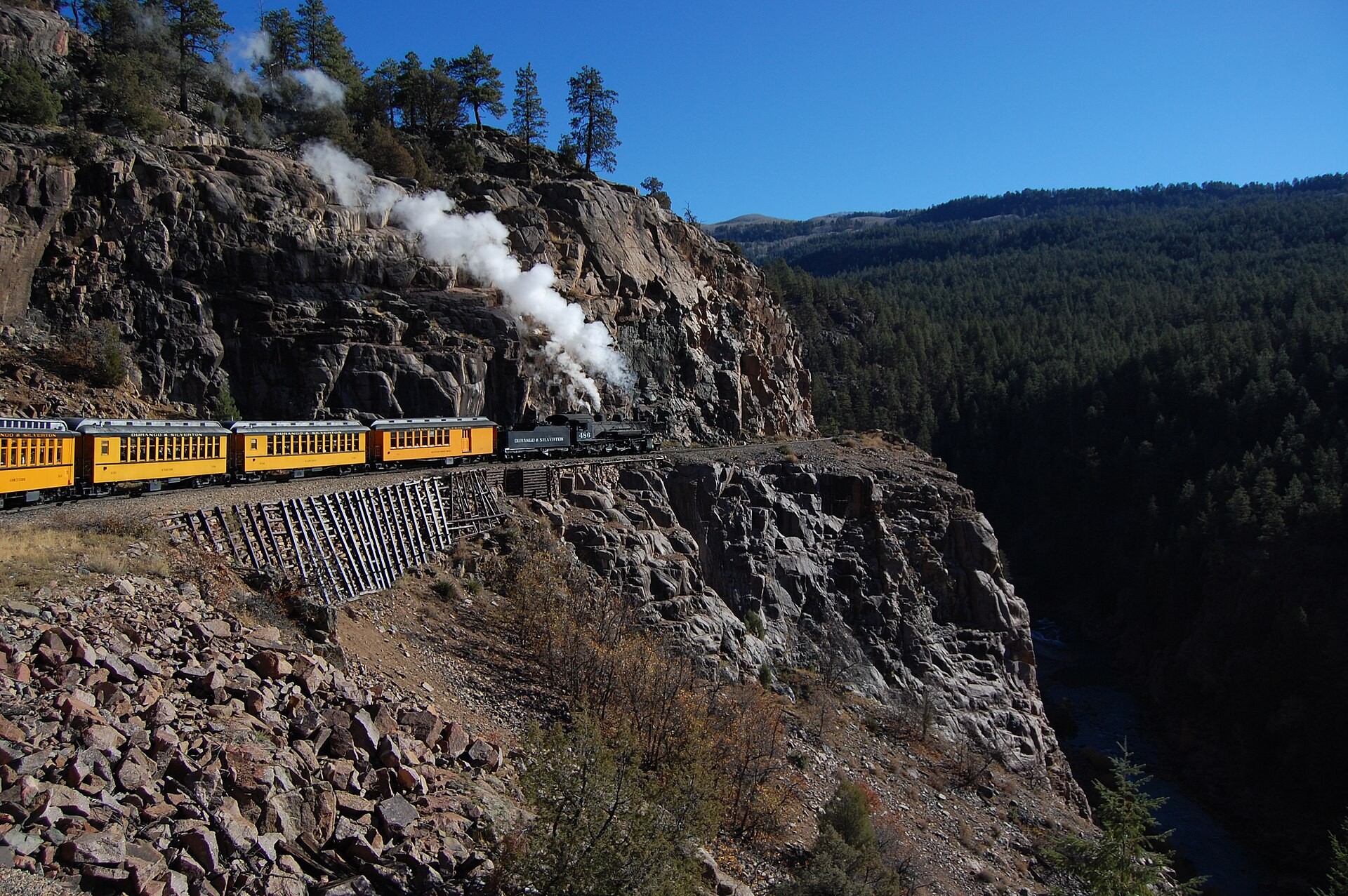 Narrow gauge train on the High Line ledge above the Animas River canyon near Durango, Colorado