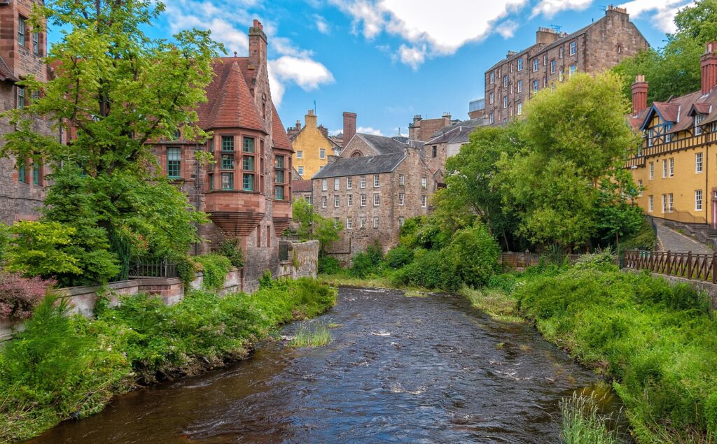 Stone buildings beside the Water of Leith at Dean Village in Edinburgh