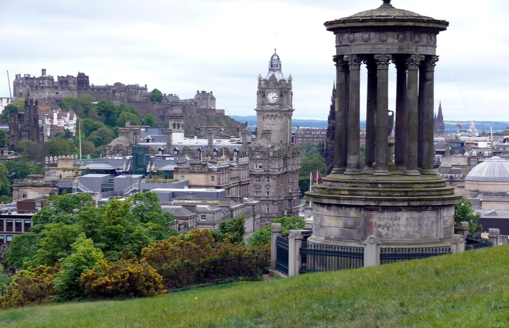 Edinburgh skyline from Calton Hill with the Dugald Stewart Monument