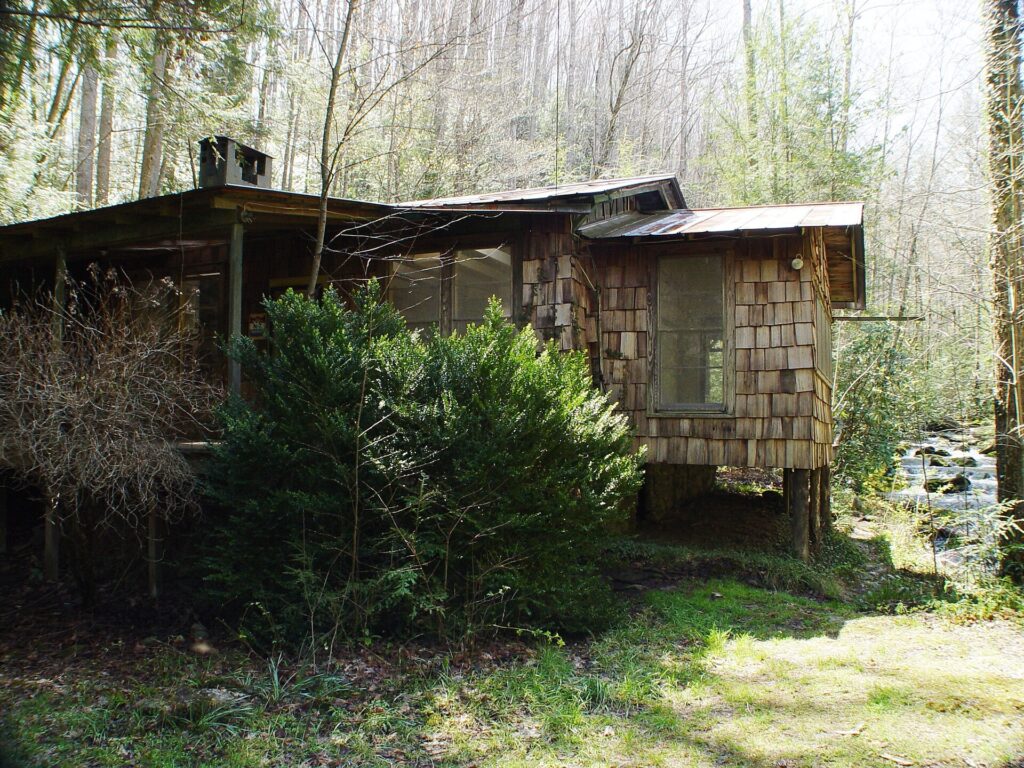 Weathered log cabin in the Elkmont historic district of Great Smoky Mountains National Park