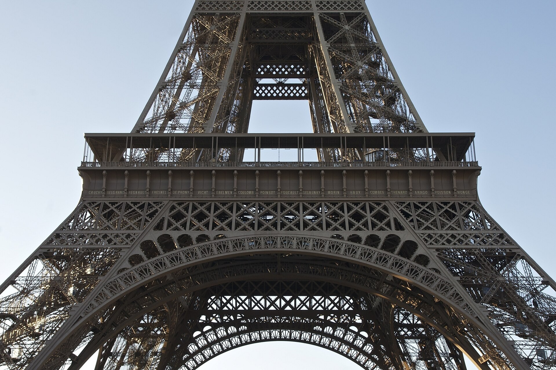 Looking up at the legs and first level of the Eiffel Tower in Paris