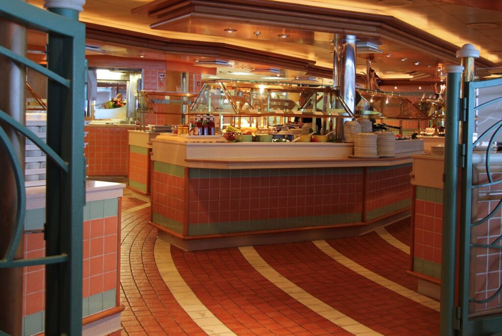 Horizon Court buffet restaurant on the Golden Princess cruise ship with food stations and tables