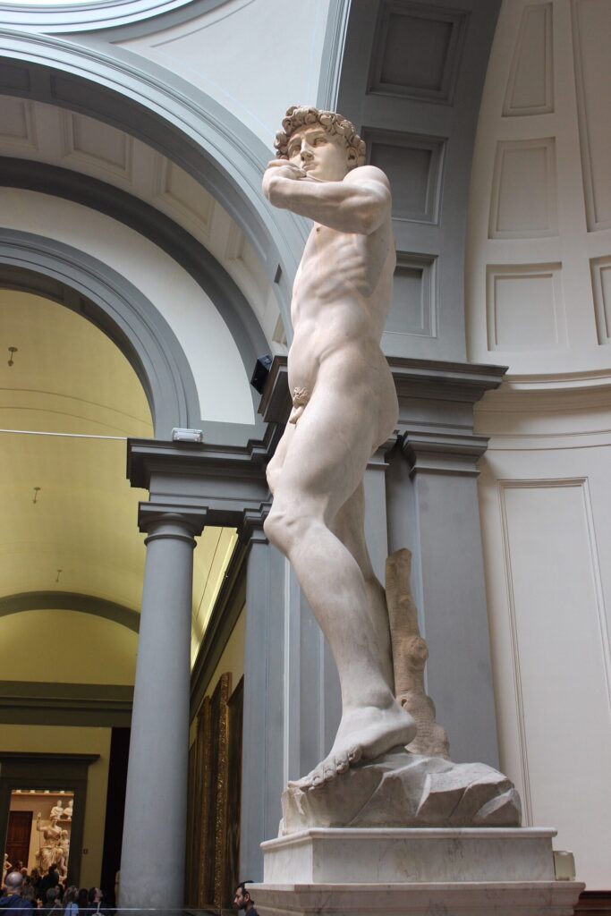 Michelangelo's marble David statue standing in the Galleria dell'Accademia in Florence