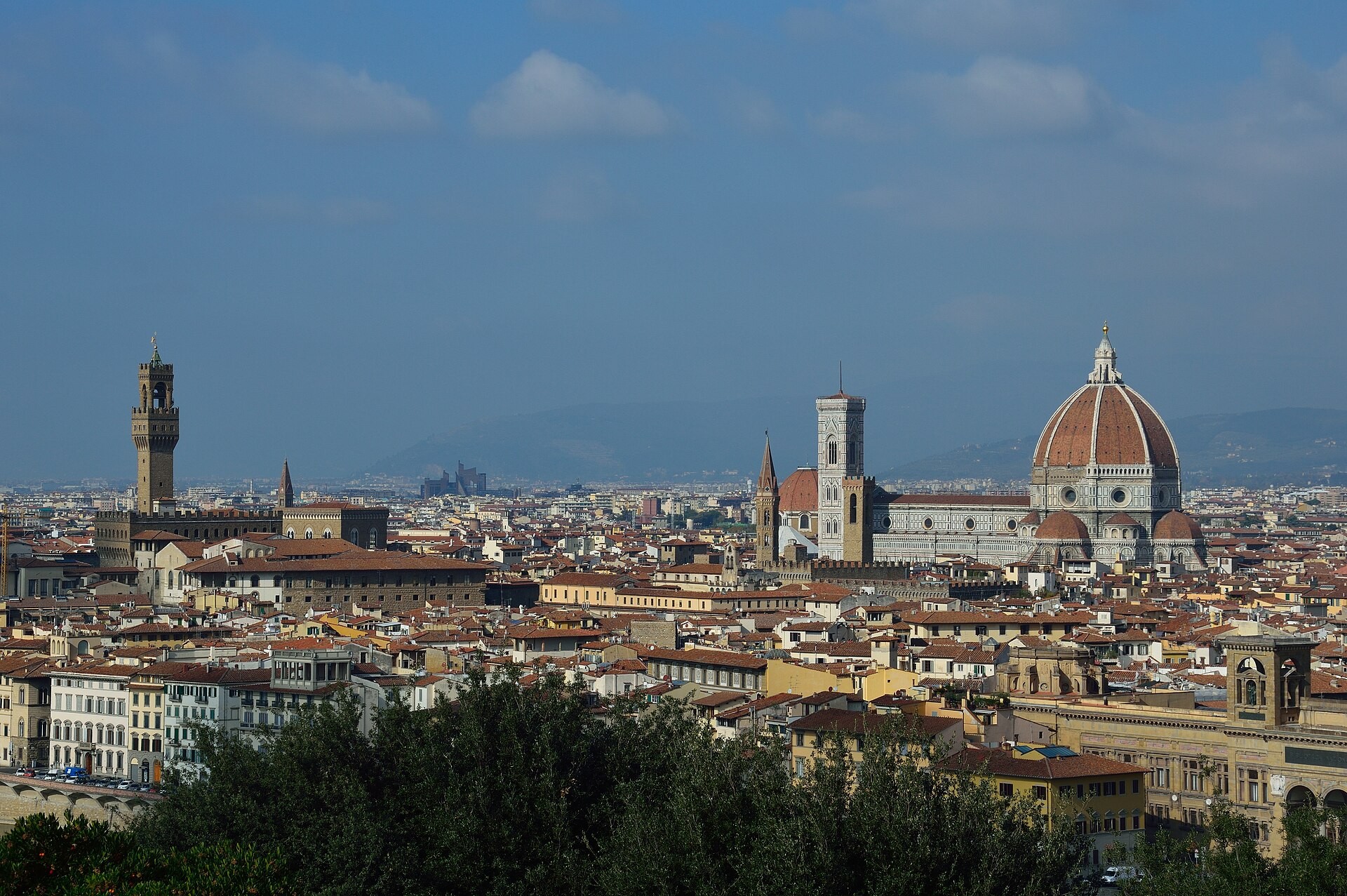 Florence rooftops and the Duomo dome seen from Piazzale Michelangelo in daylight