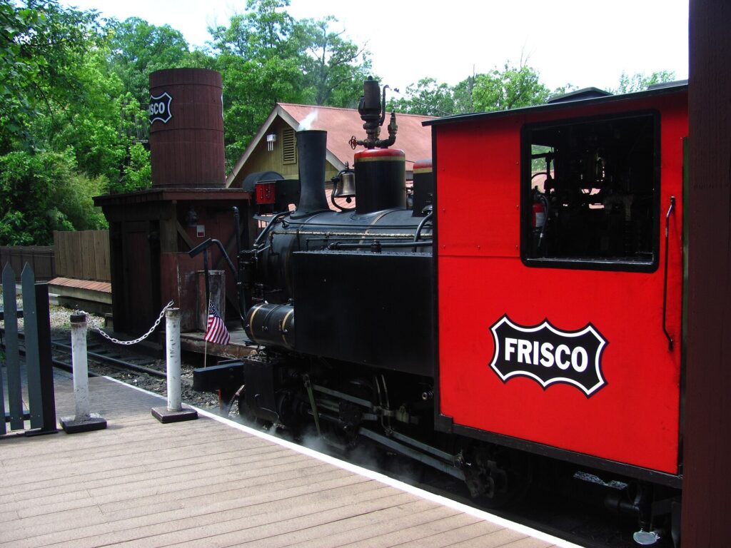 Frisco Silver Dollar Line steam locomotive at the station platform in Silver Dollar City, Branson, Missouri