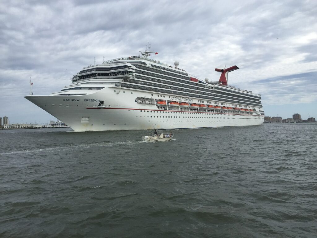 Carnival Freedom cruise ship under way in Galveston harbor
