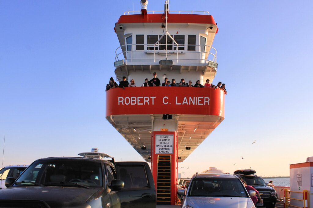 Robert C. Lanier state ferry at Galveston with cars lined up in front of it
