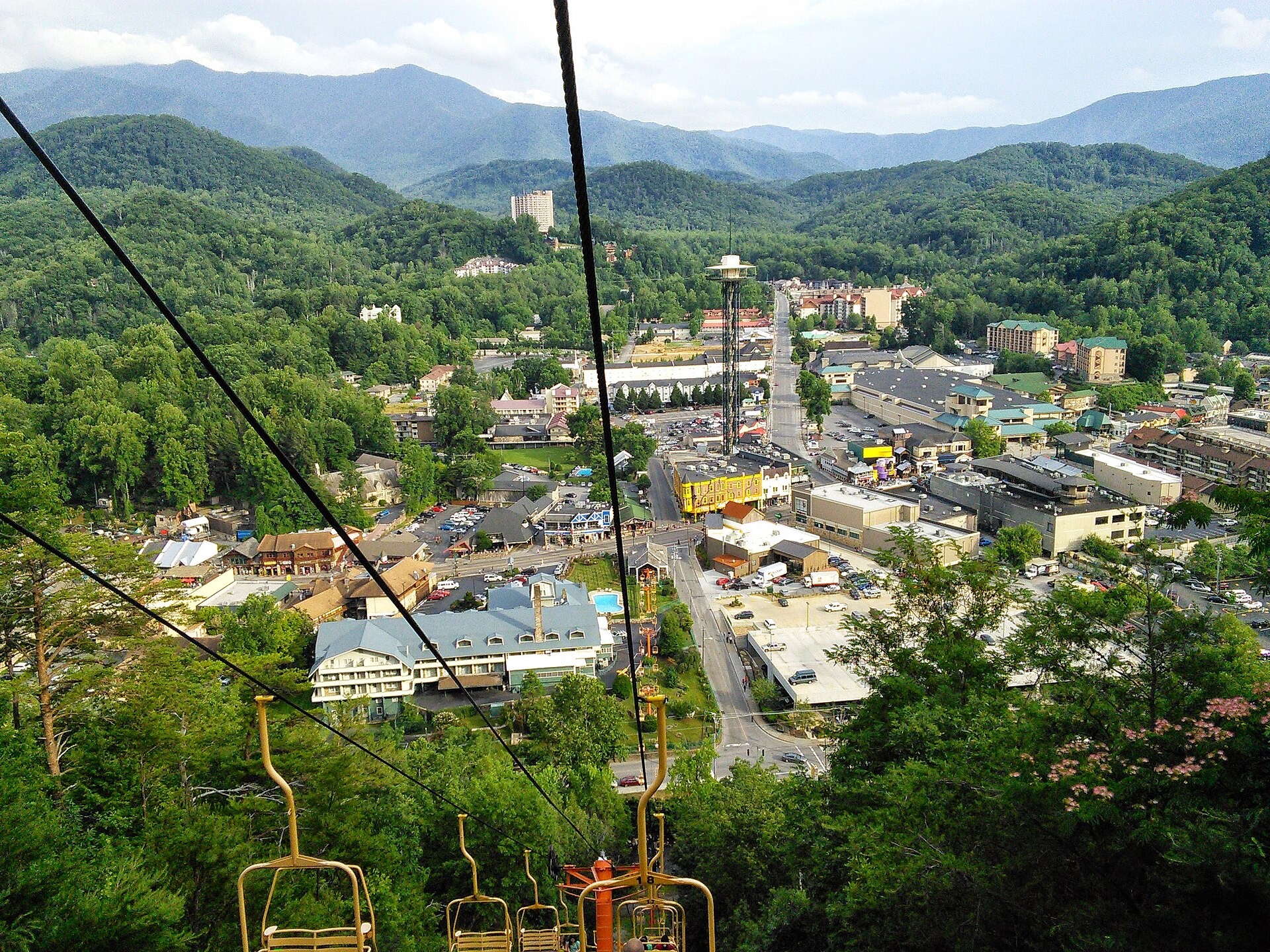 View of Gatlinburg and the surrounding mountains from the Sky Lift chairs