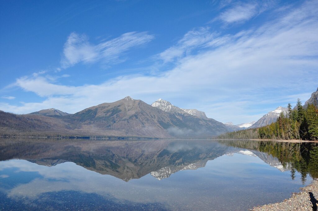 Lake McDonald in Glacier National Park with calm water and mountains