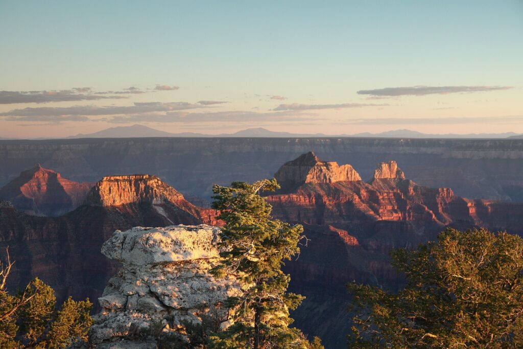 Sunset over the canyon from Bright Angel Point on the Grand Canyon North Rim