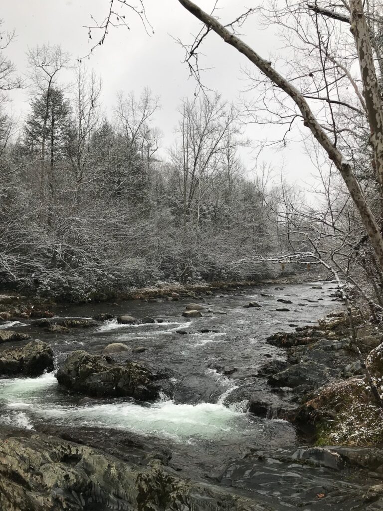 Snow along a rocky stream in the Greenbrier area of Great Smoky Mountains National Park