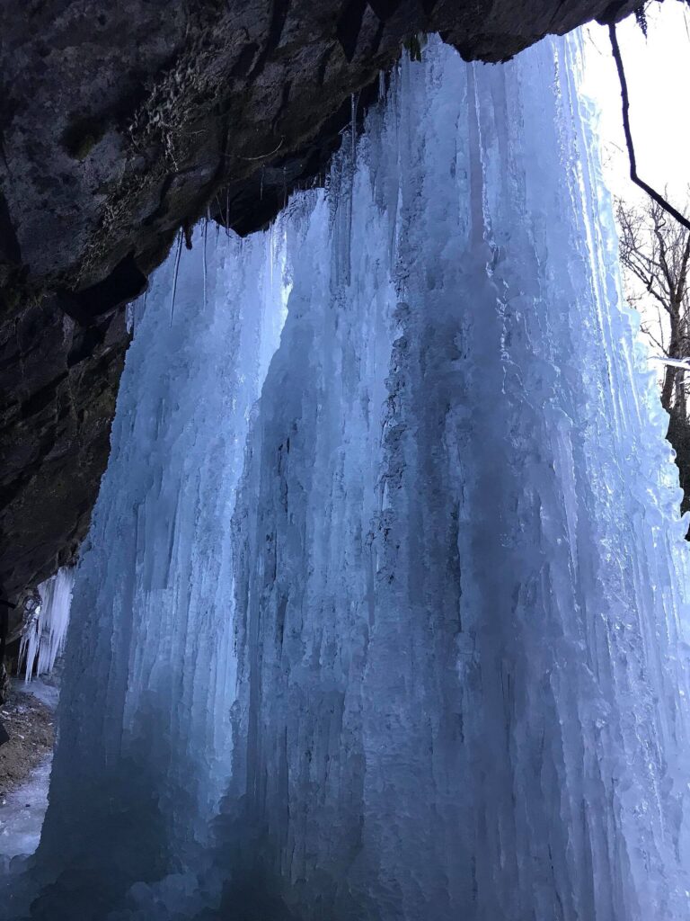 View from behind the frozen curtain of Grotto Falls in Great Smoky Mountains National Park