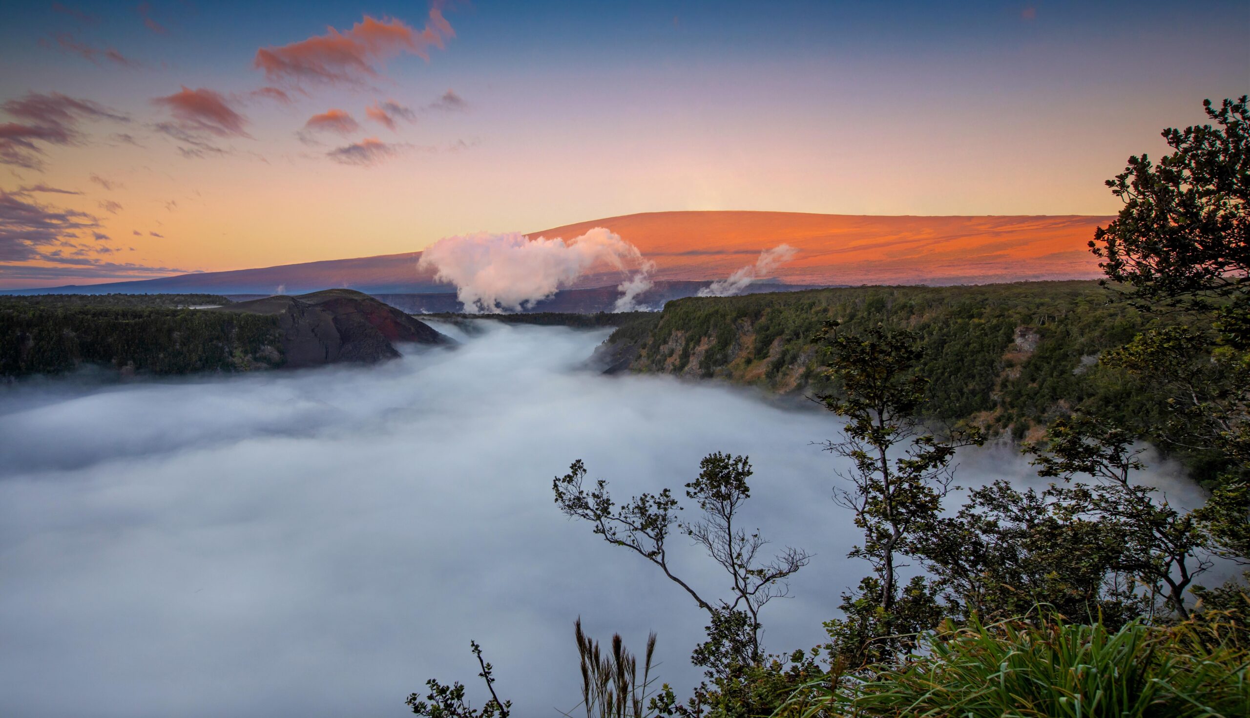 Kilauea Iki crater and its hardened lava floor in Hawaii Volcanoes National Park