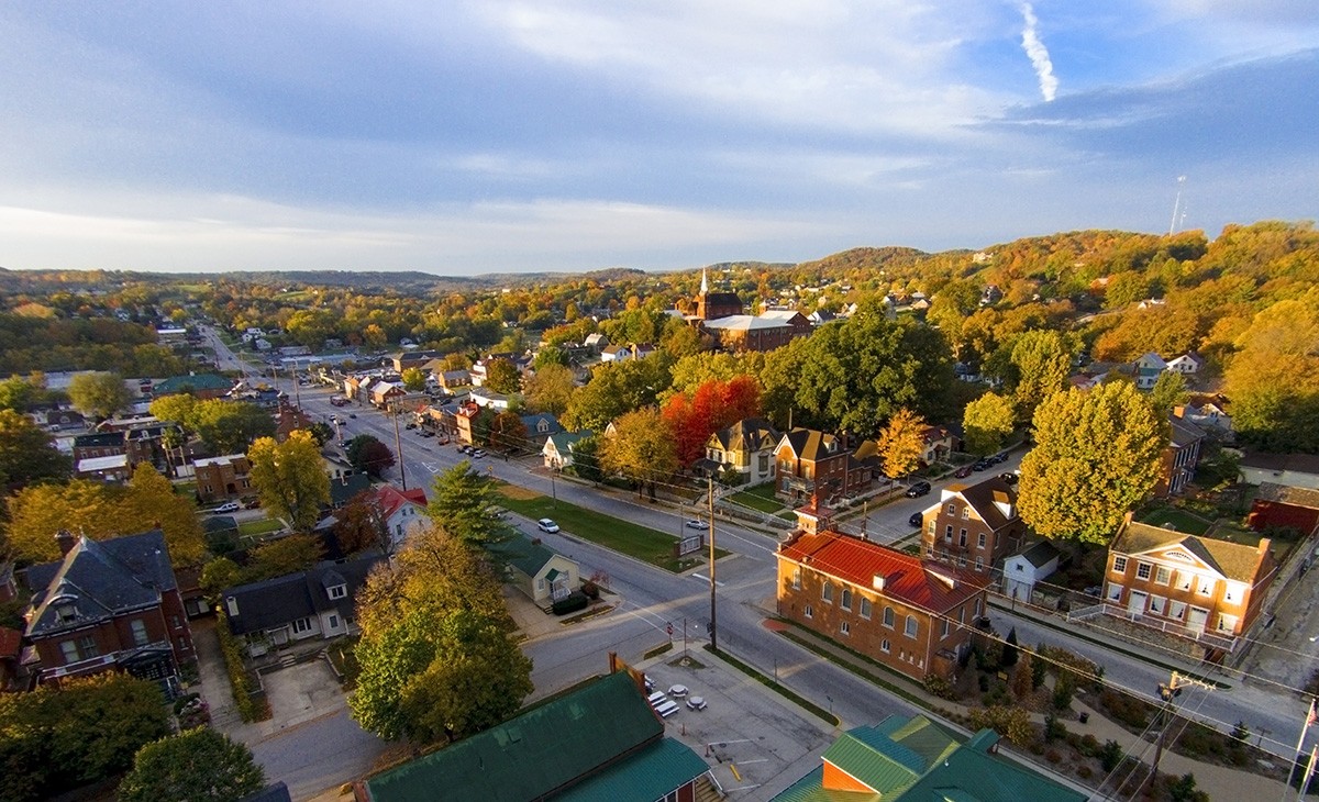 Fall-colored trees along Market Street in Hermann, Missouri