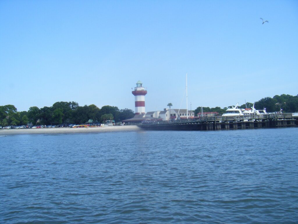 Harbour Town marina and red-and-white lighthouse seen across the water on Hilton Head Island, South Carolina