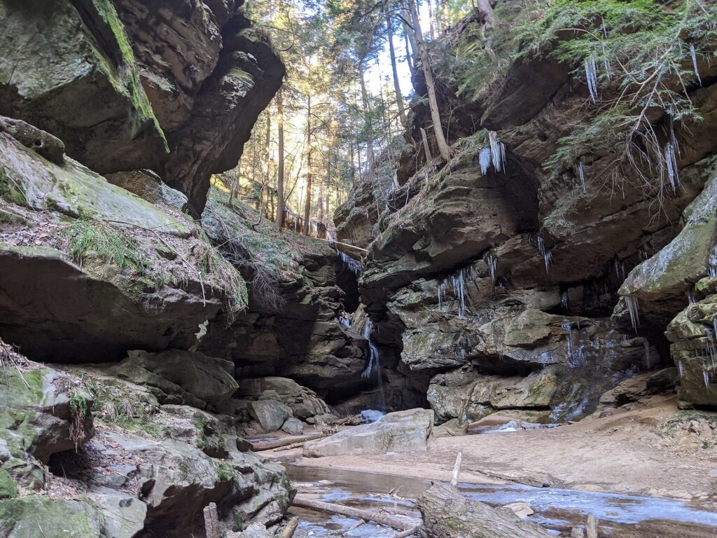 Sandstone walls and a creek in the gorge at Conkles Hollow, Hocking Hills, Ohio