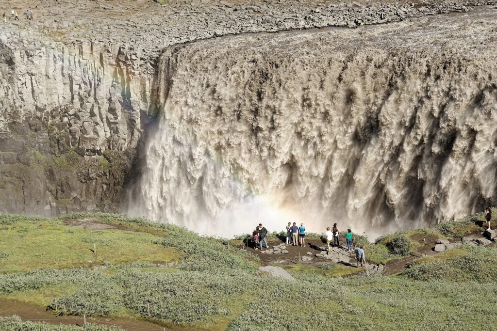 Dettifoss waterfall in northeast Iceland with spray rising from the canyon