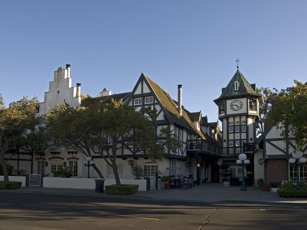 Timber-framed Danish-style buildings along Copenhagen Drive in Solvang, California